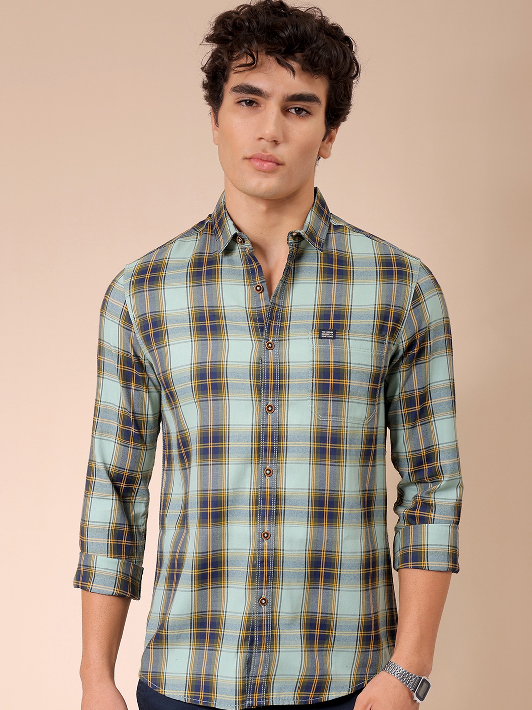 

The Indian Garage Co Men Green Slim Fit Opaque Checked Casual Shirt