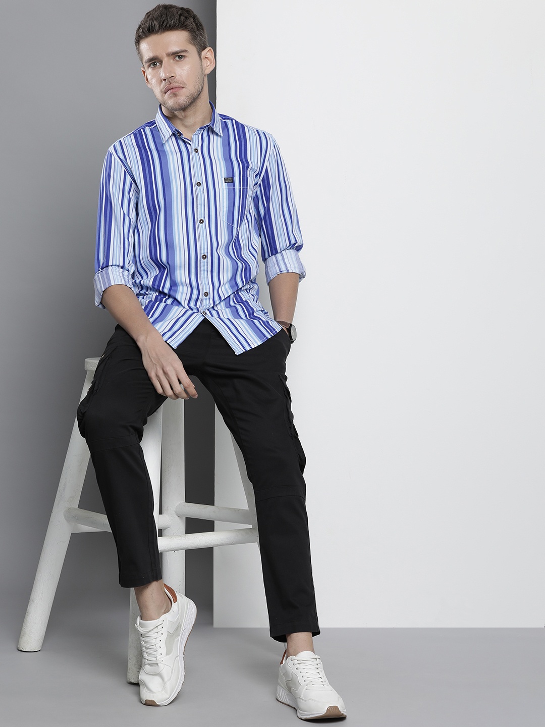 

The Indian Garage Co Slim Fit Opaque Striped Cotton Casual Shirt, Blue
