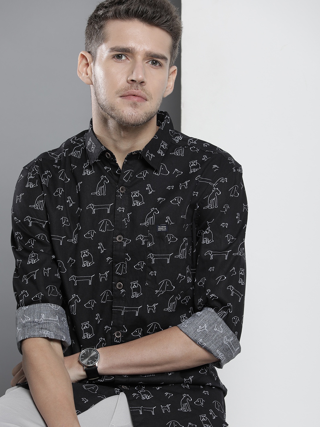 

The Indian Garage Co Slim Fit Opaque Printed Cotton Casual Shirt, Black