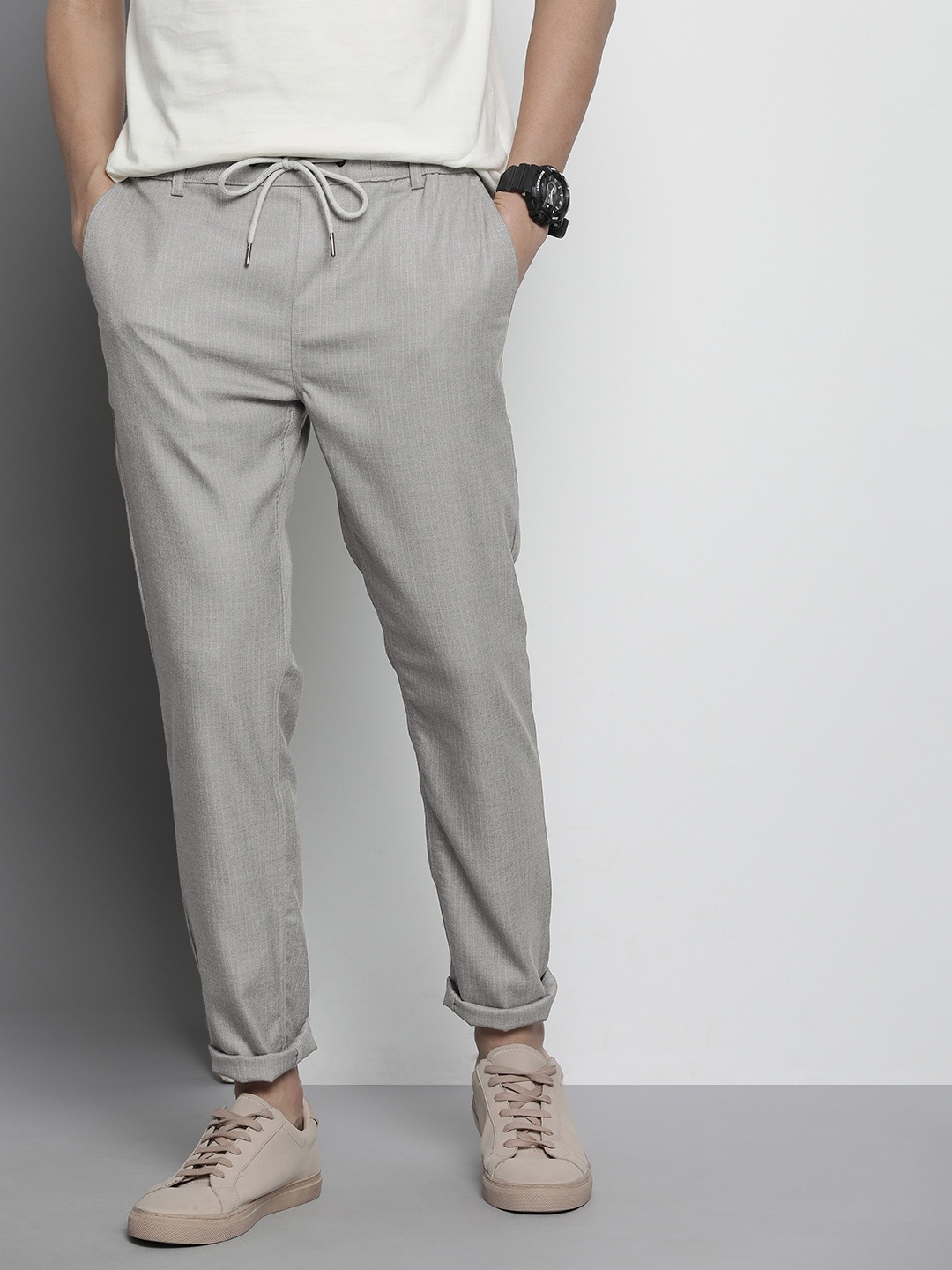 

The Indian Garage Co Men Striped Trousers, Grey