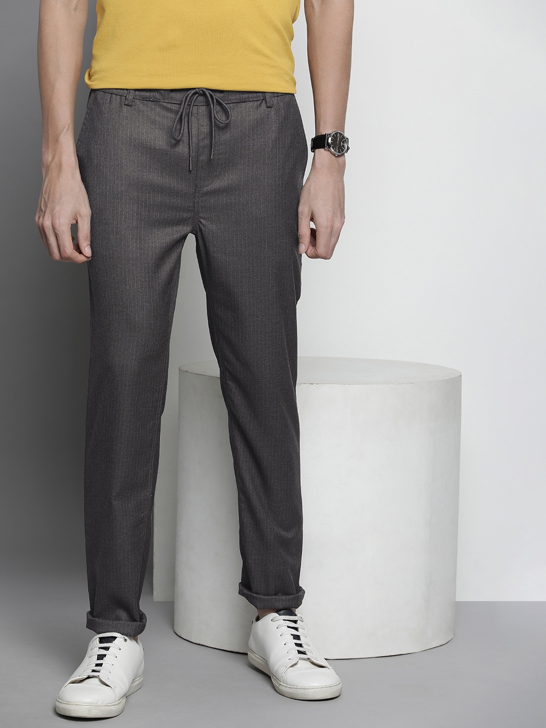 

The Indian Garage Co Men Striped Trousers, Grey