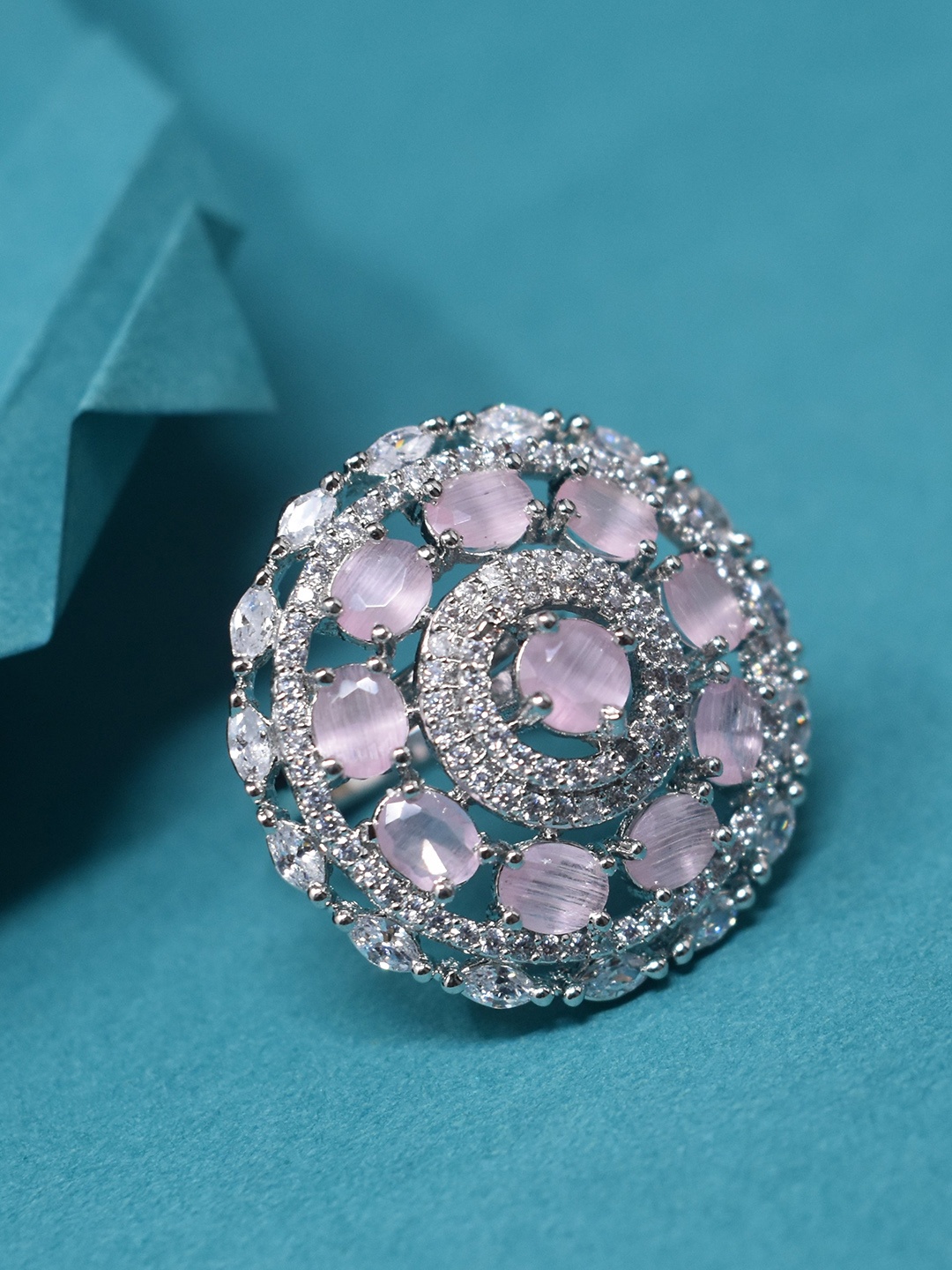 

STEORRA JEWELS Silver-Plated AD-Studded Adjustable Finger Ring, Lavender