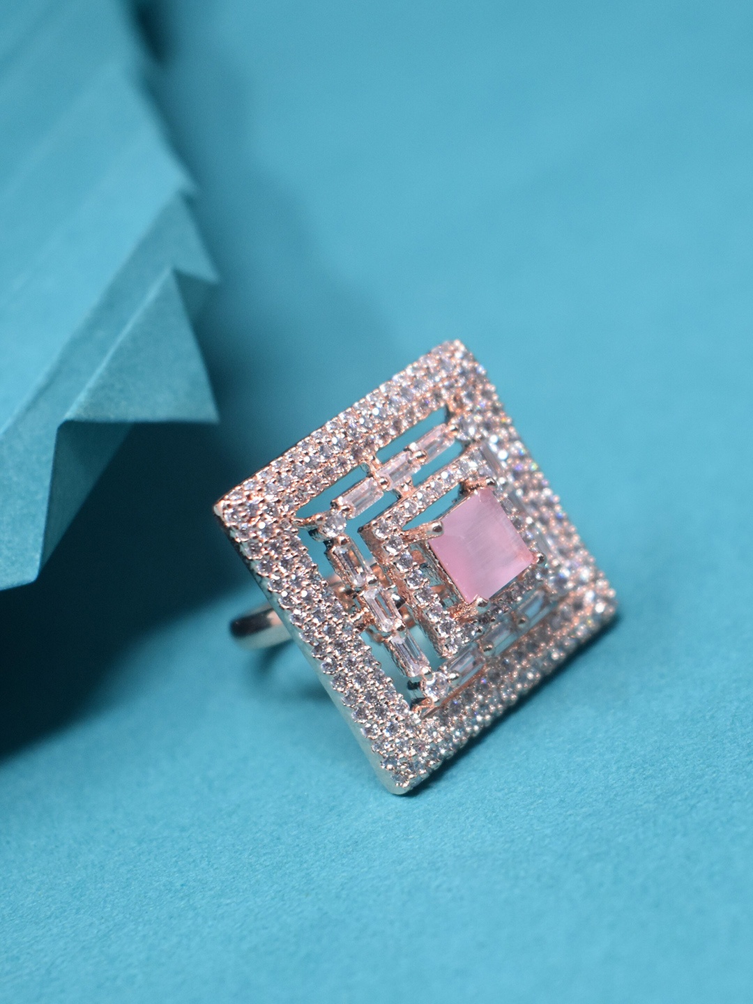 

STEORRA JEWELS Rose Gold-Plated AD-Studded Adjustable Finger Ring, Pink