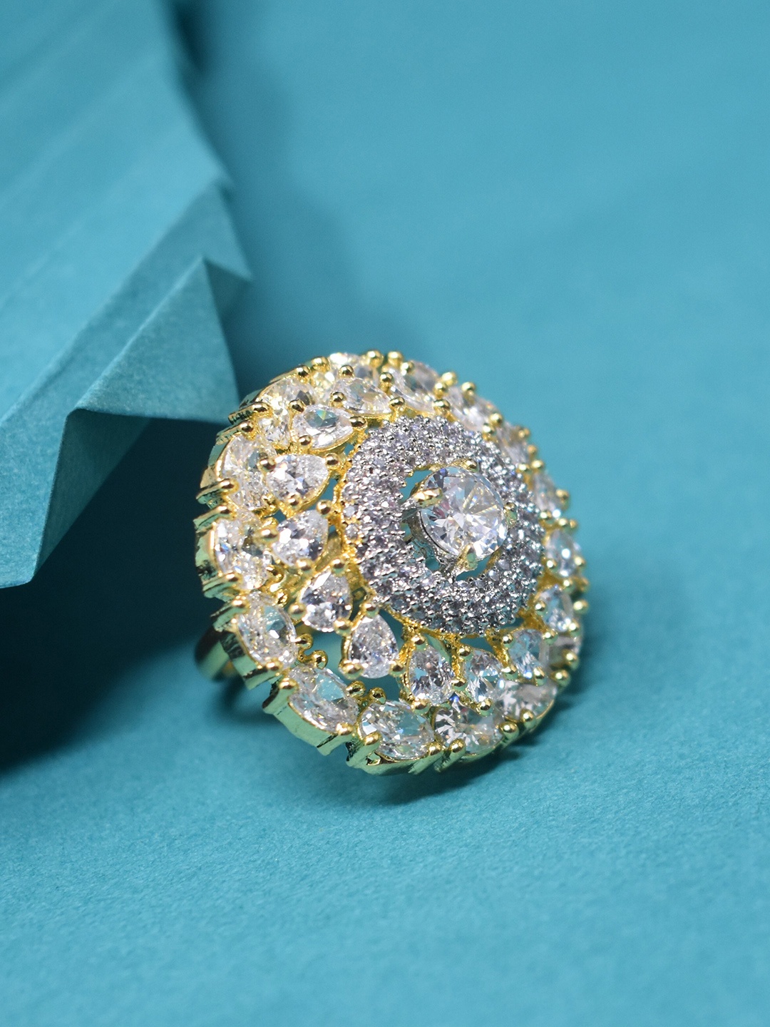 

STEORRA JEWELS Gold-Plated American Daimond-Studded Adjustable Finger Ring, White