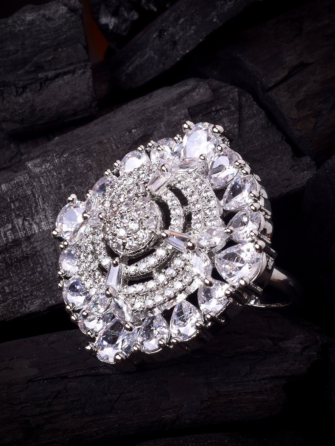 

STEORRA JEWELS Silver-Plated AD Studded Adjustable Finger Ring, White