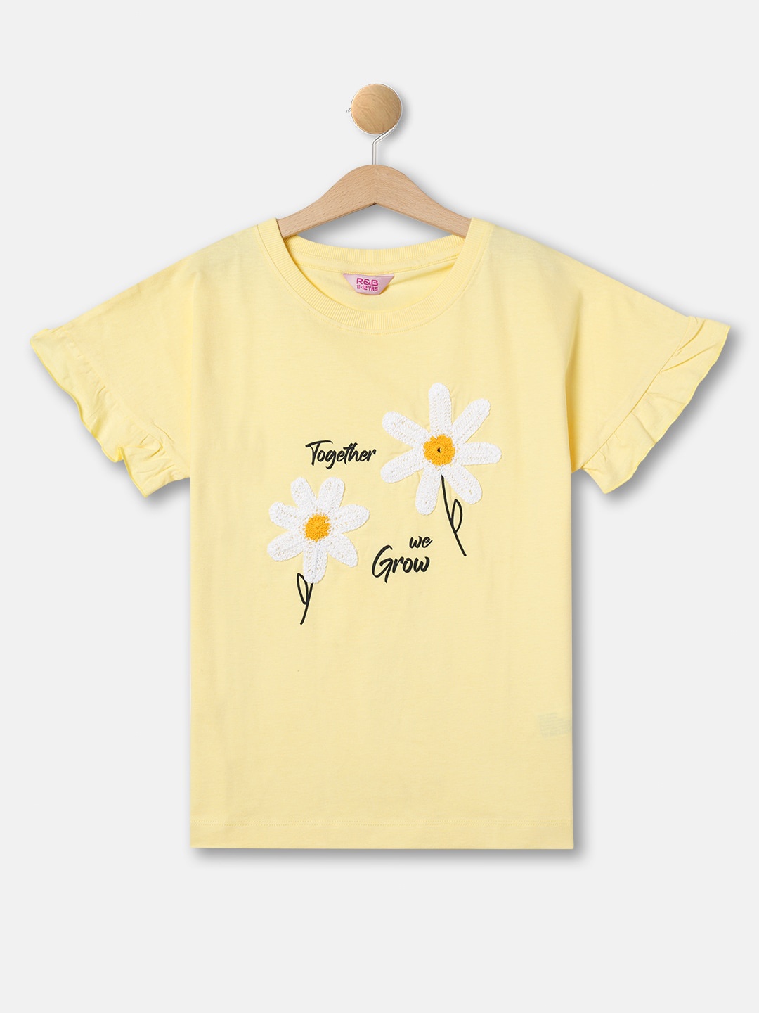 

R&B Girls Floral Embroidered Extended Sleeves Cotton Top, Yellow