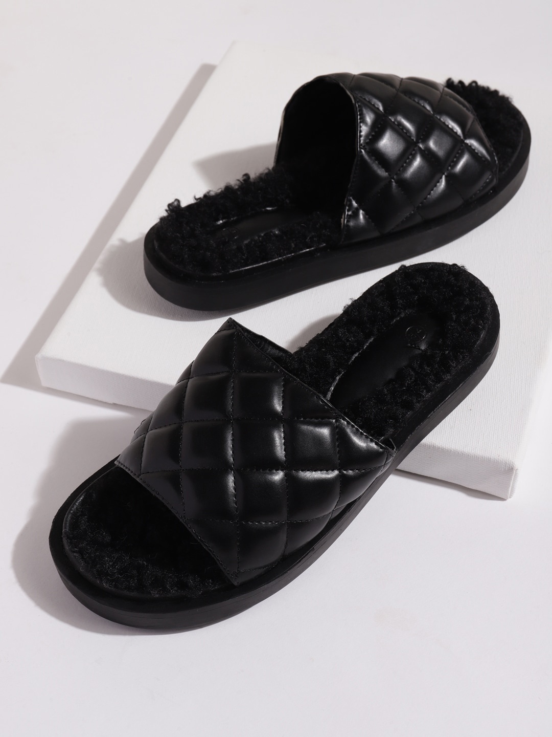 

Truffle Collection Women Textured Open Toe Slip On Flats, Black