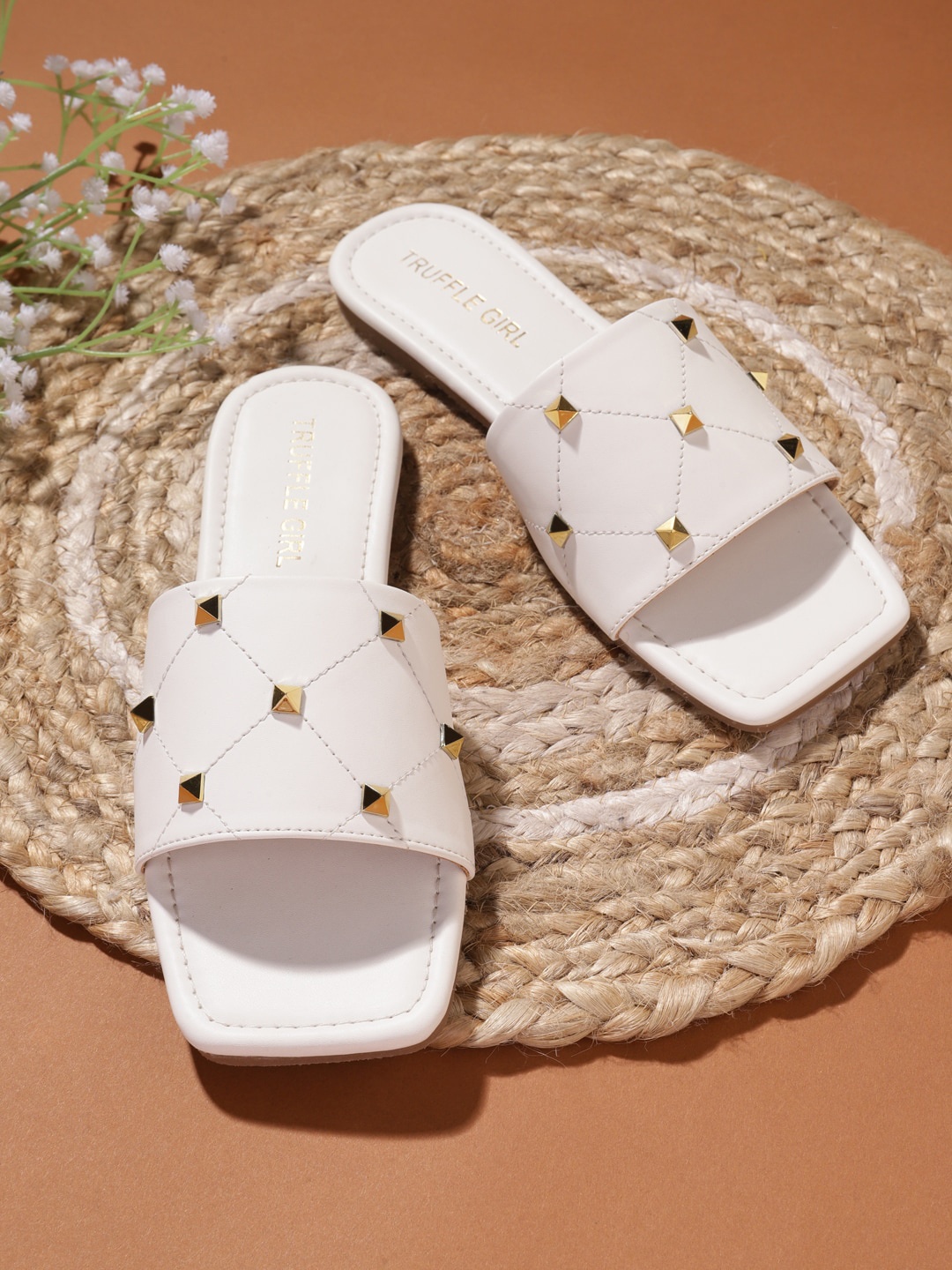 

Truffle Collection Women Embellished Open Toe Slip On Flats, White