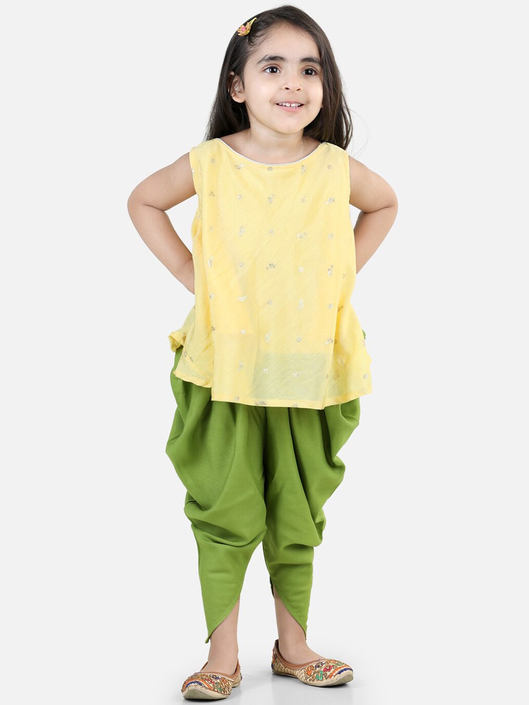 

Kinder Kids Girls Ethnic Motifs Woven Design Jacquard Pure Cotton Kurti with Dhoti Pants, Yellow