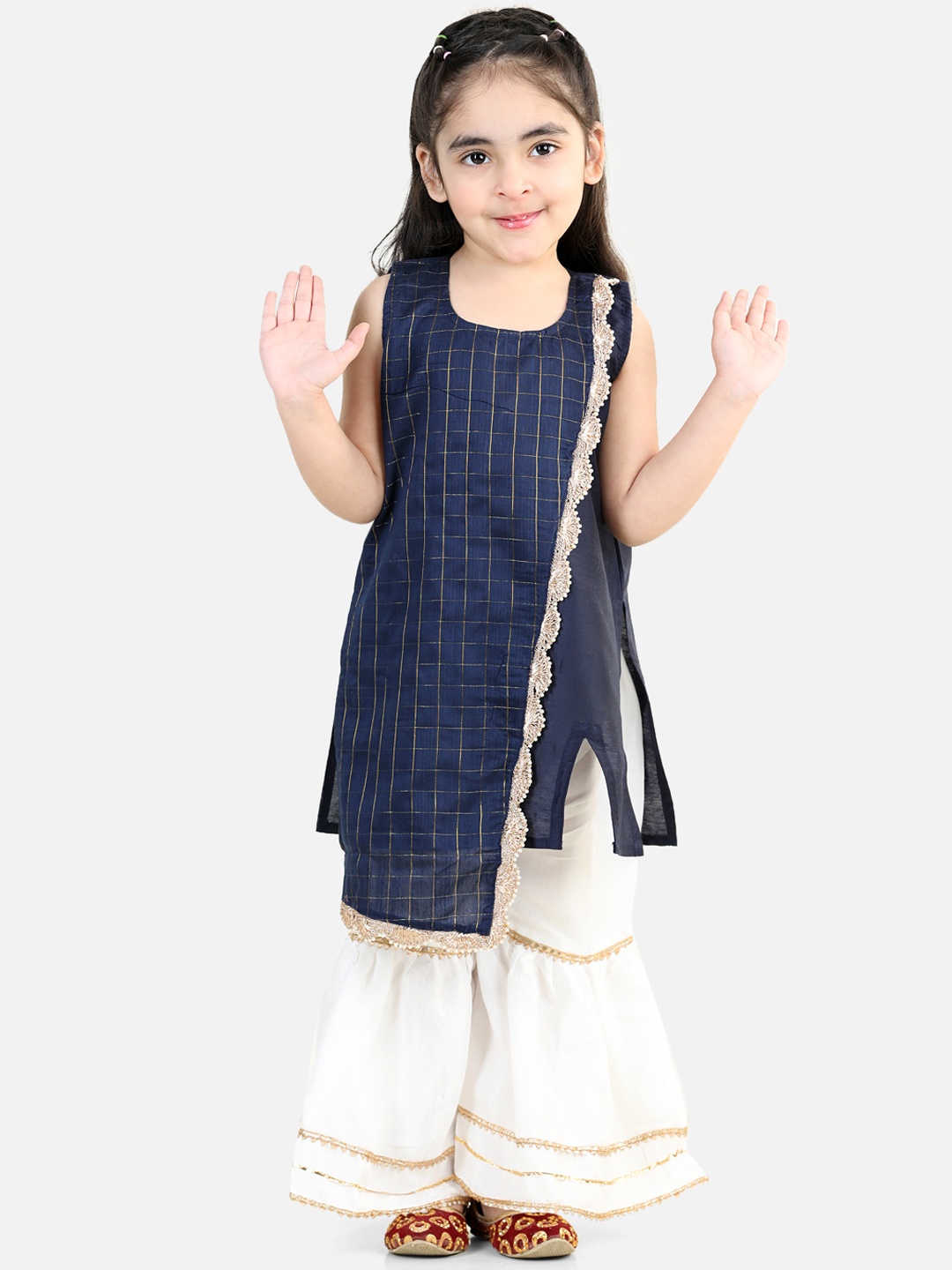 

Here&Now X Kinder KidsGirls Checked Lace Detail Layered Asymmetric Pure Cotton Kurta with Sharara, Navy blue