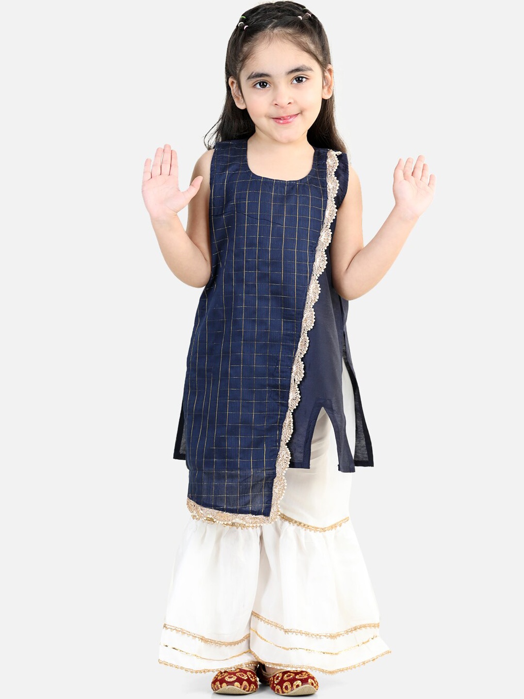 

Here&Now X Kinder KidsGirls Checked Lace Detail Layered Asymmetric Pure Cotton Kurta with Sharara, Navy blue