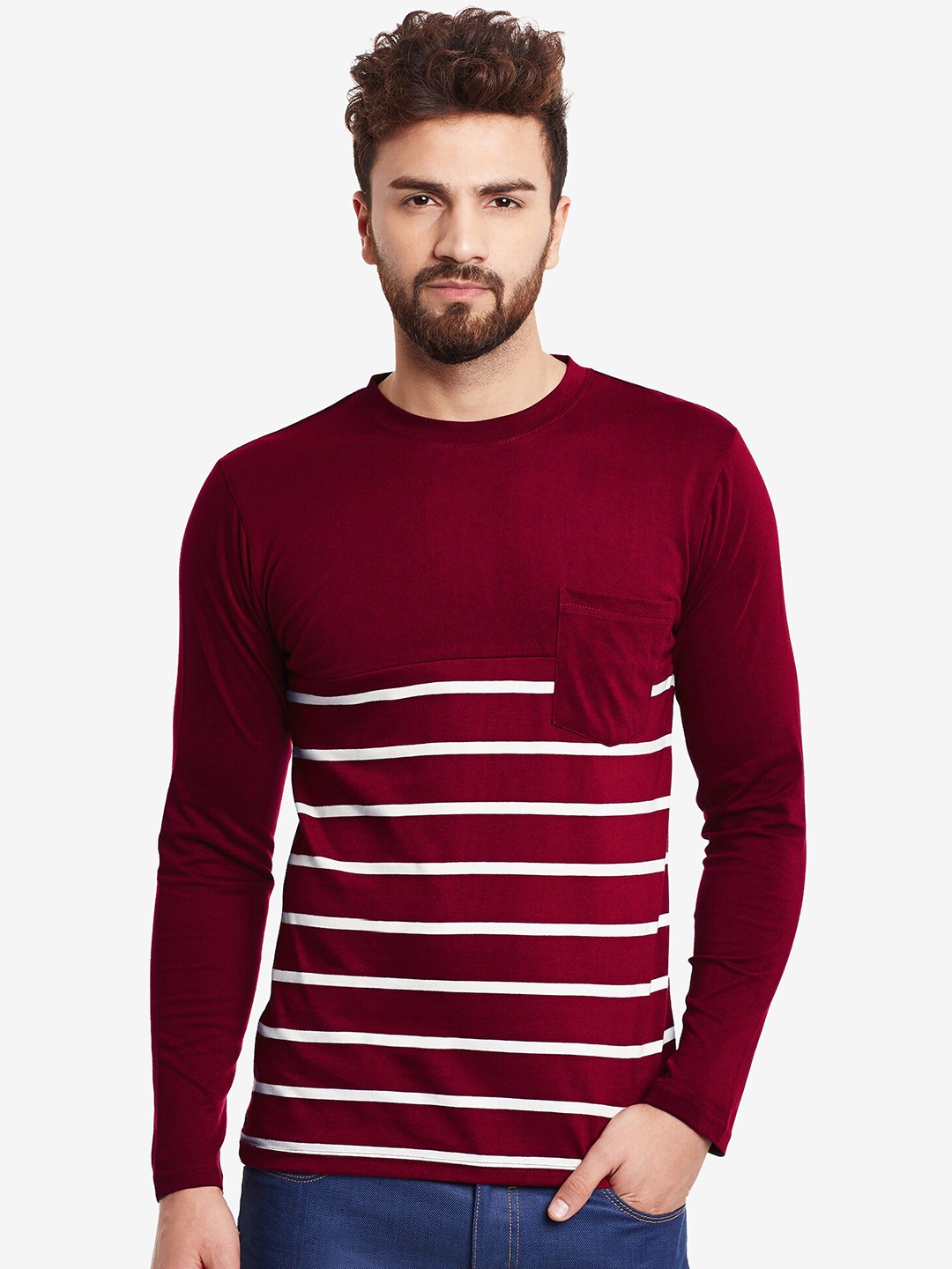 

Hypernation Striped Long Sleeves Pure Cotton Slim Fit T-shirt, Maroon