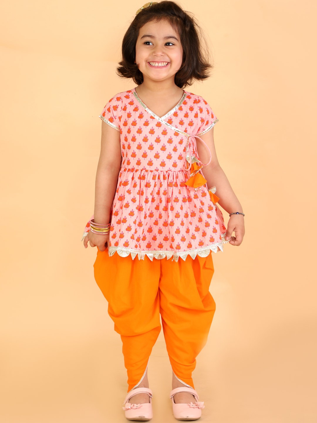 

LIL DRAMA Girls Floral Printed Gotta Patti Pure Cotton Kurta with Dhoti Pants, Orange