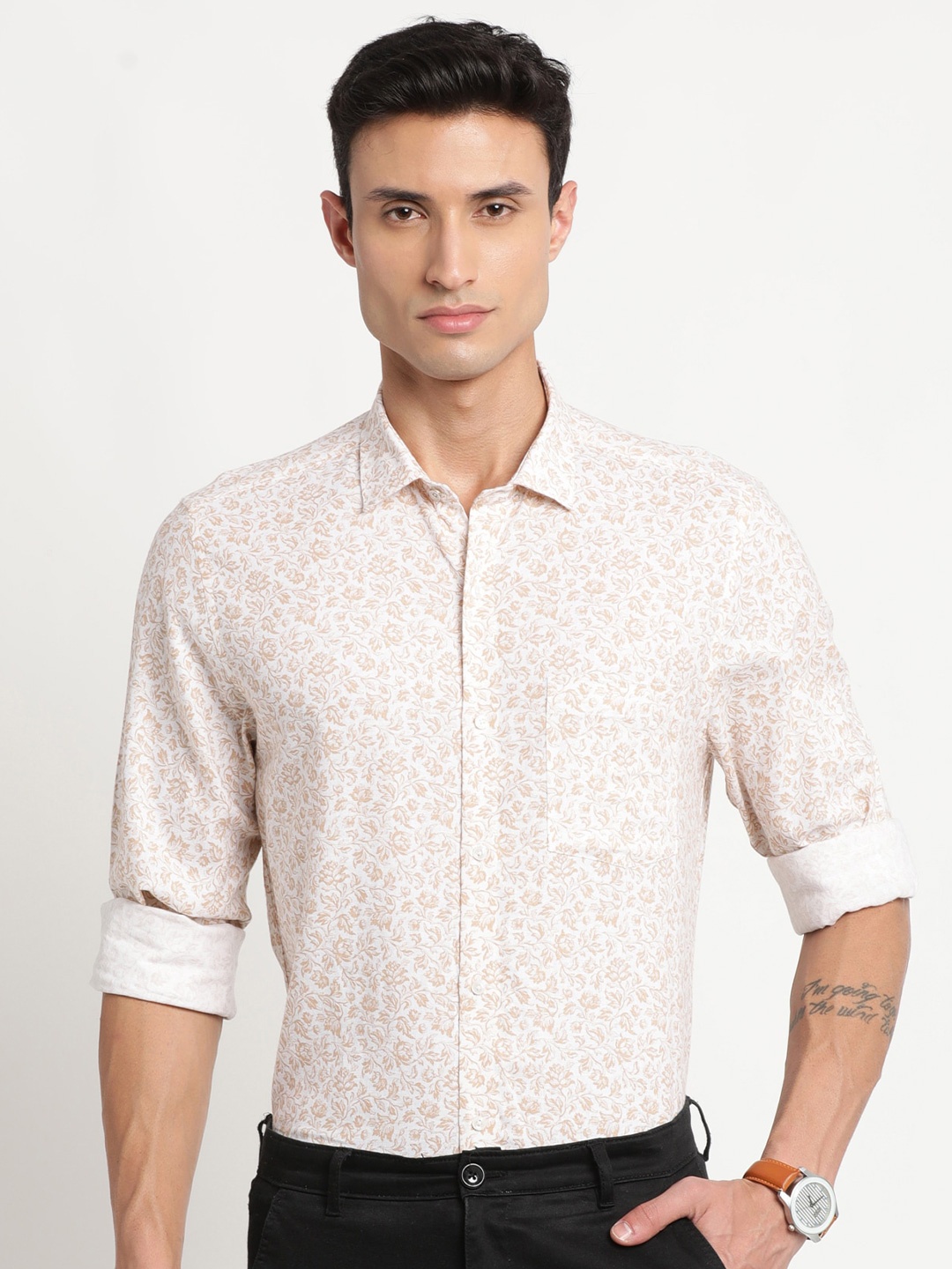 

Turtle Floral Printed Pure Cotton Slim Fit Casual Shirt, Peach