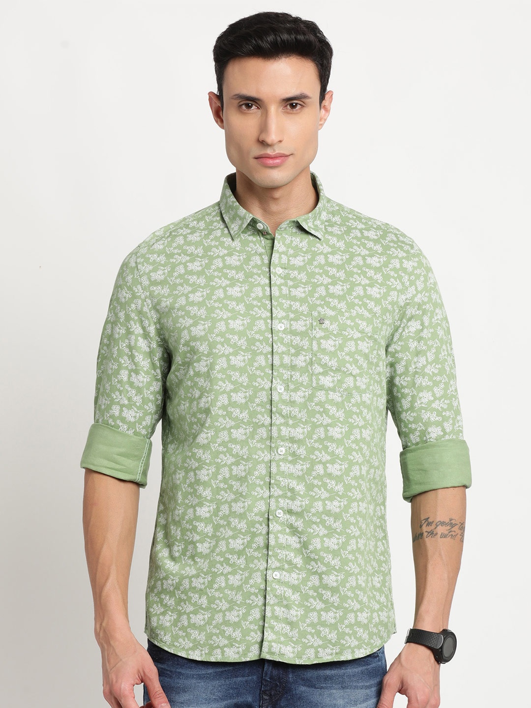 

Turtle Floral Printed Pure Cotton Slim Fit Casual Shirt, Green
