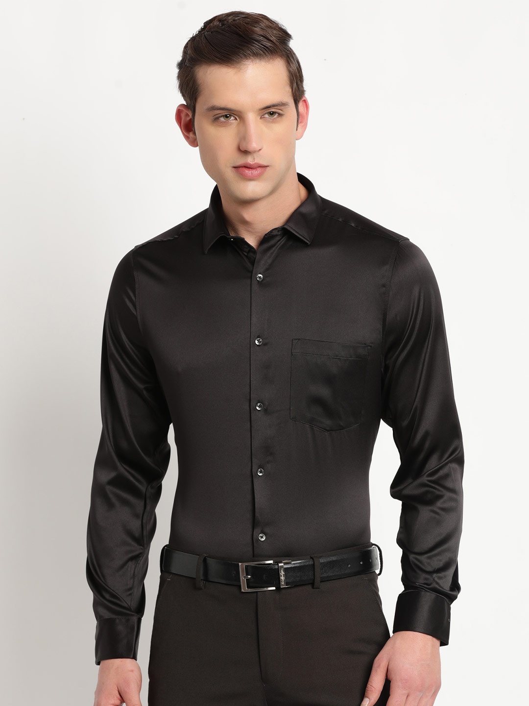 

Turtle Spread Collar Satin Slim Fit Party Shirt, Black