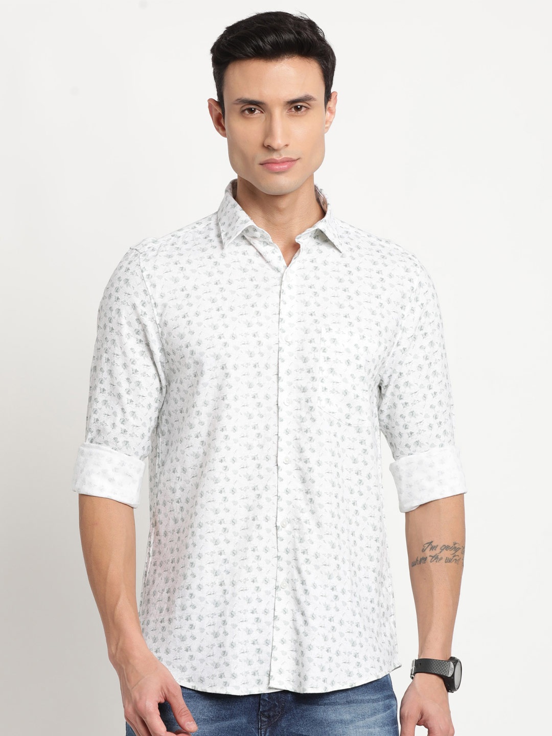 

Turtle Floral Printed Slim Fit Casual Shirt, Cream