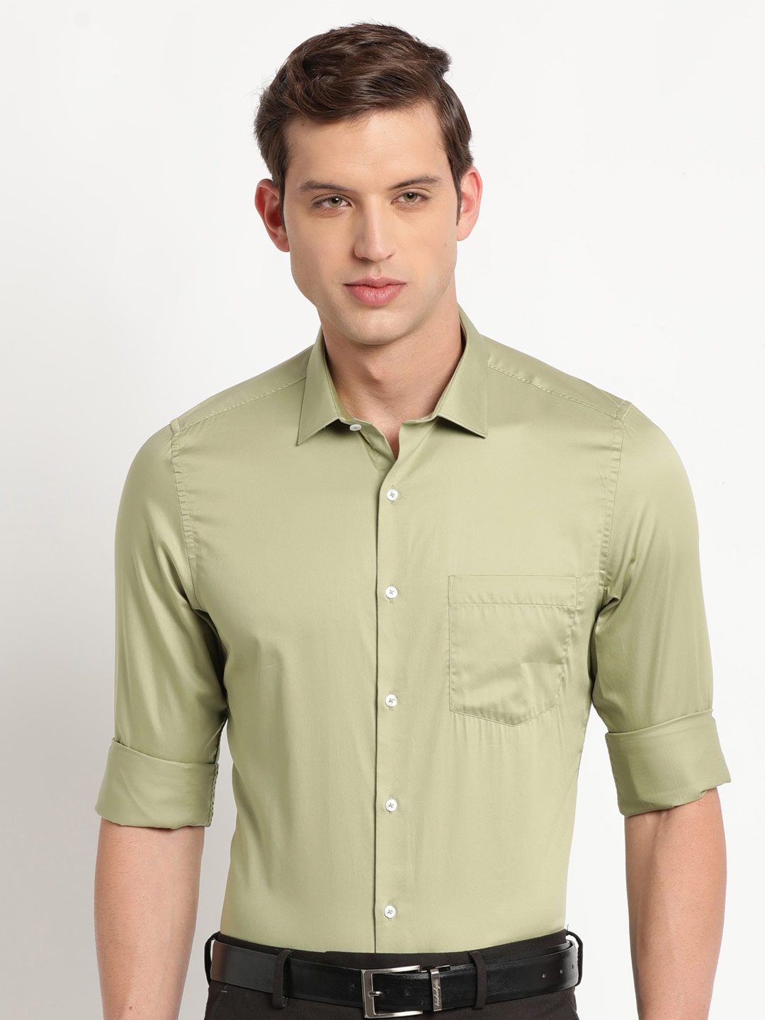 

Turtle Spread Collar Pure Cotton Slim Fit Formal Shirt, Green