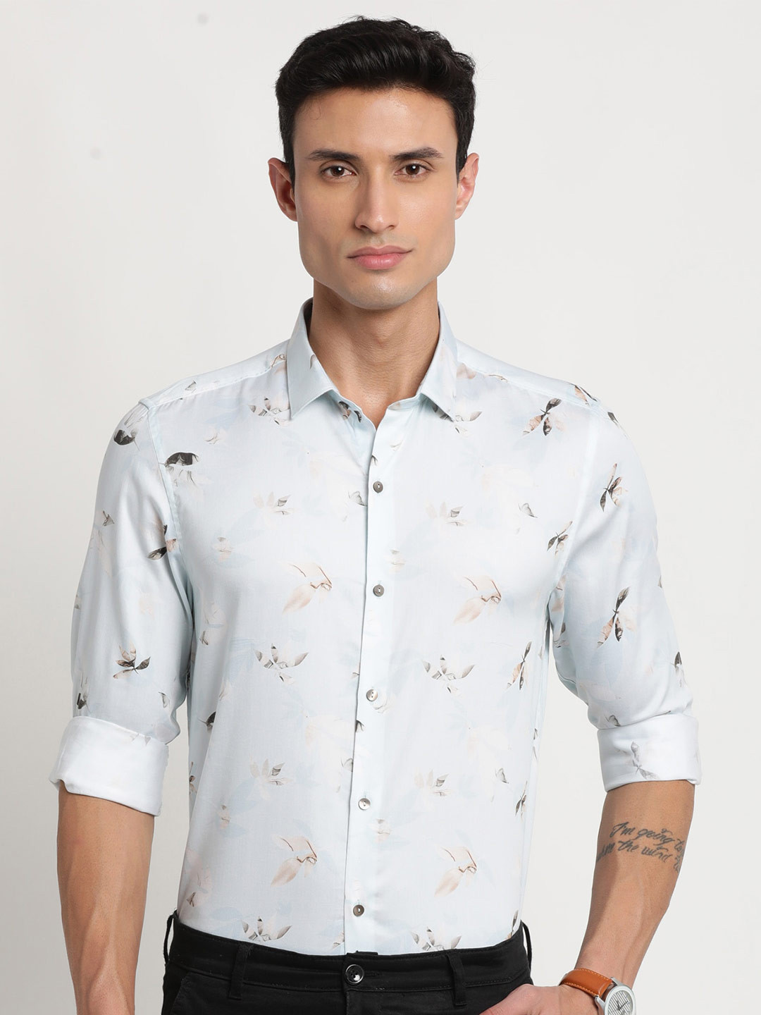 

Turtle Floral Printed Slim Fit Party Shirt, Blue