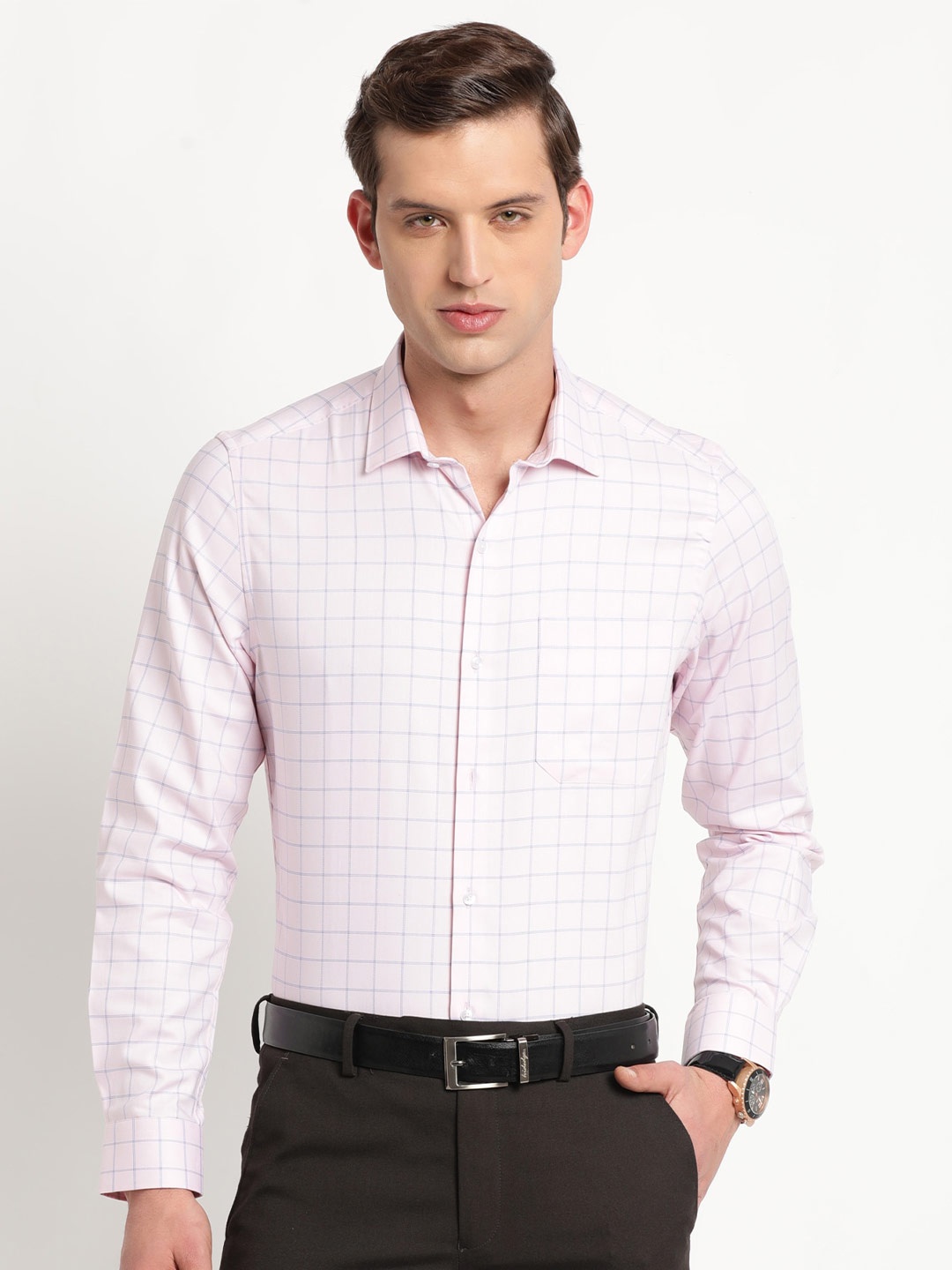

Turtle Grid Tattersall Checks Pure Cotton Slim Fit Formal Shirt, Pink