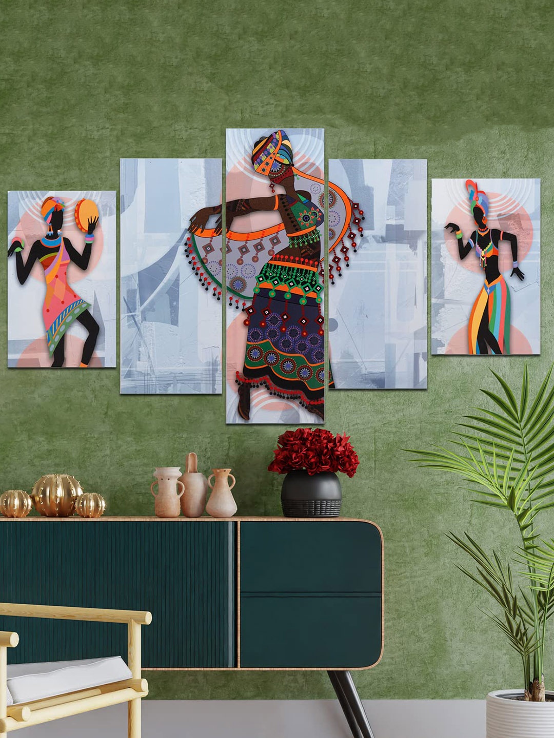 Perpetual Multicoloured Set of 5 Rajasthani Village Wall Painting, Multi
