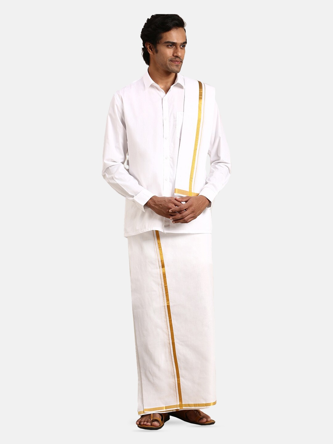 

Ramraj Men Cotton Shirt With Veshti & Towel, White