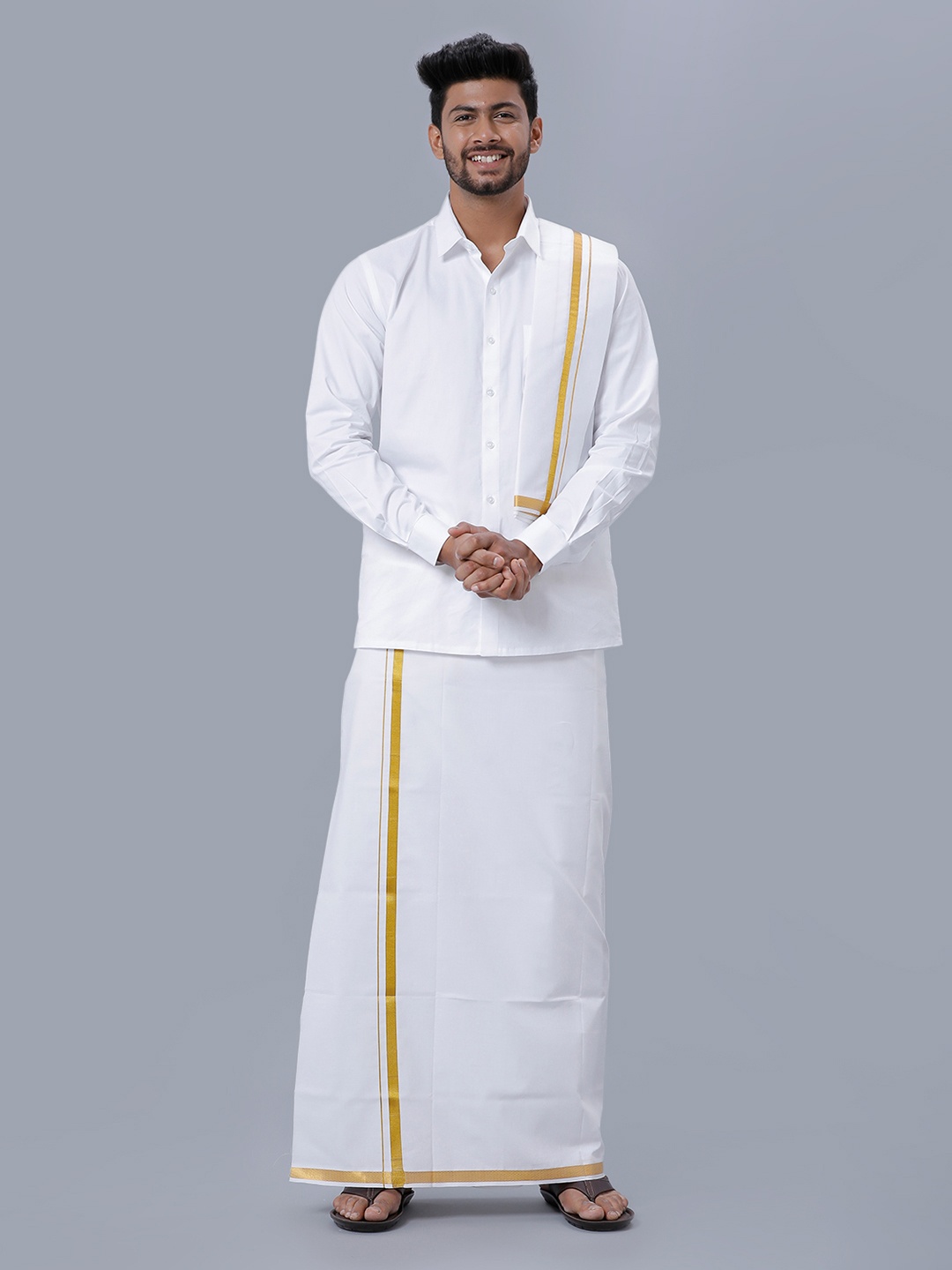 

Ramraj Men Spread Collar Cotton Shirt & Veshti, White