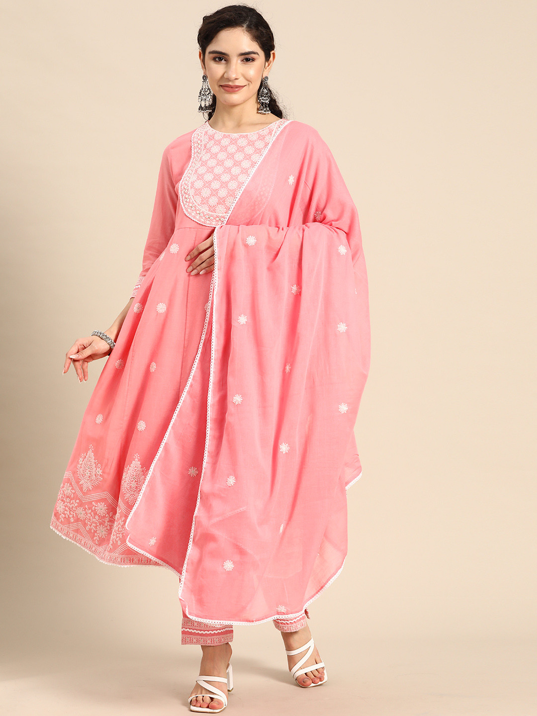 

Prakhya Floral Yoke Design Regular Thread Work Cotton Kurta with Palazzos & With Dupatta, Pink