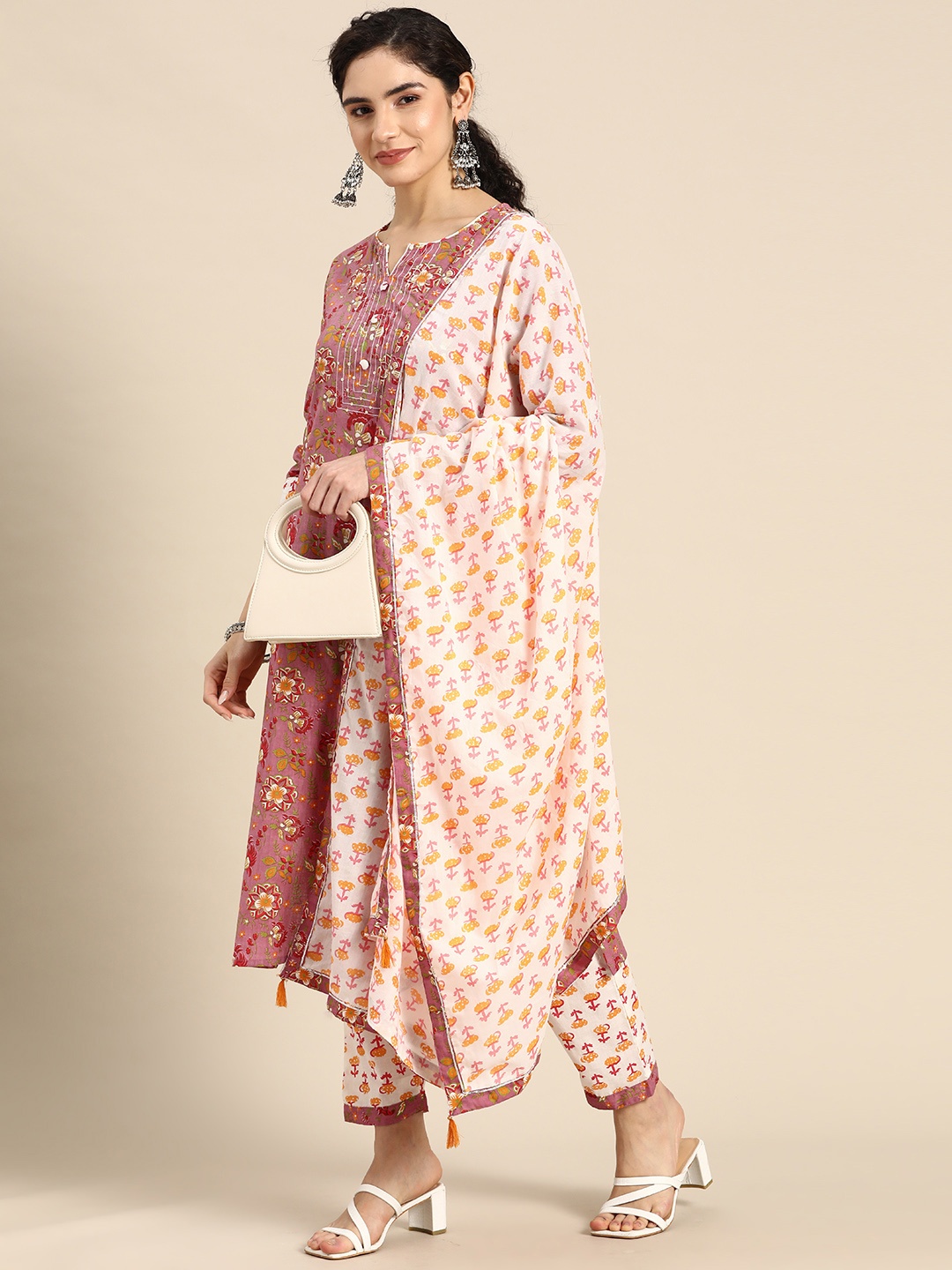 

Prakhya Floral Printed Regular Sequinned Pure Cotton Kurta with Palazzos & With Dupatta, Mauve