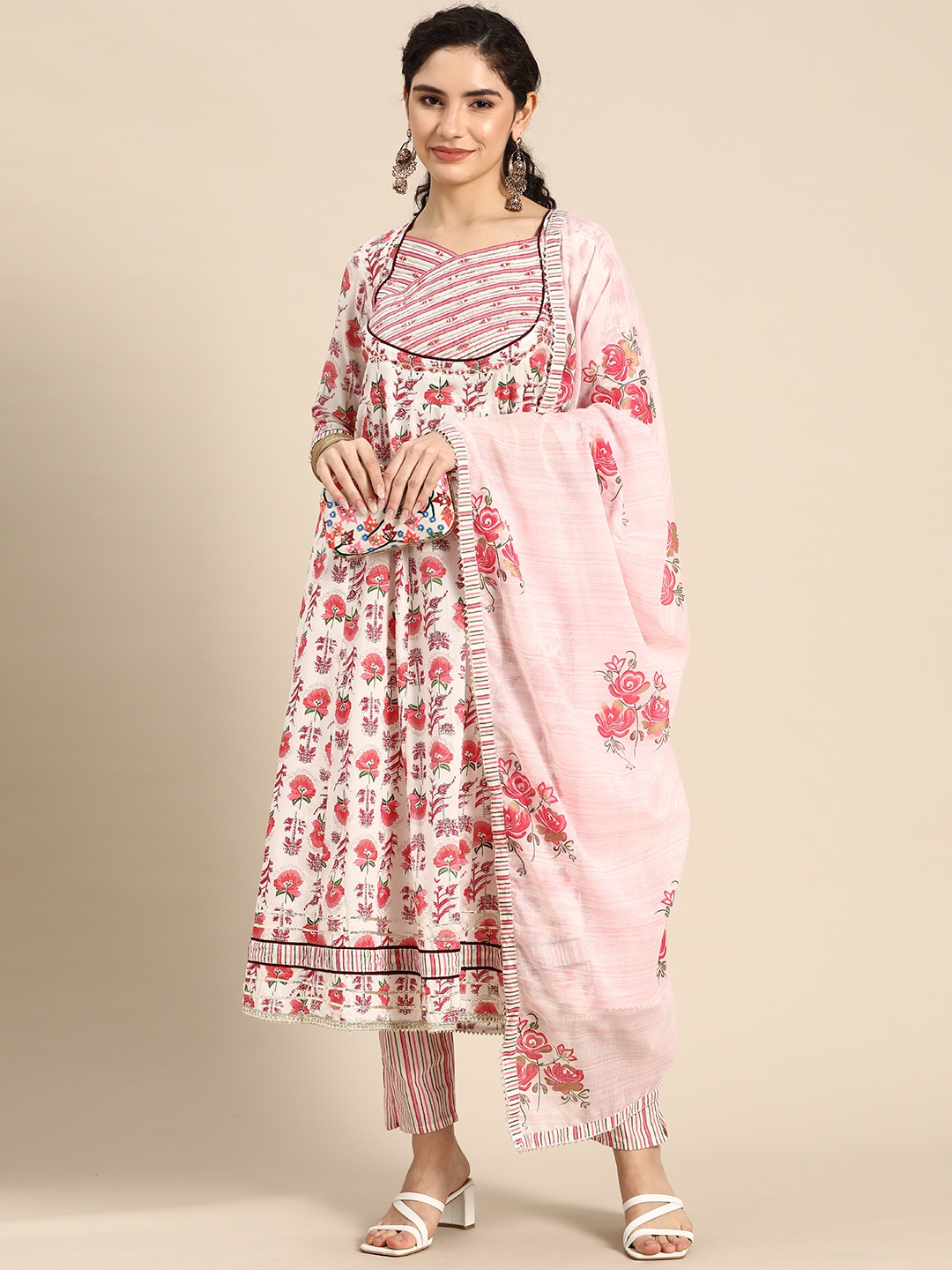 

Prakhya Floral Printed Regular Mirror Work Pure Cotton Kurta with Palazzos & With Dupatta, Pink