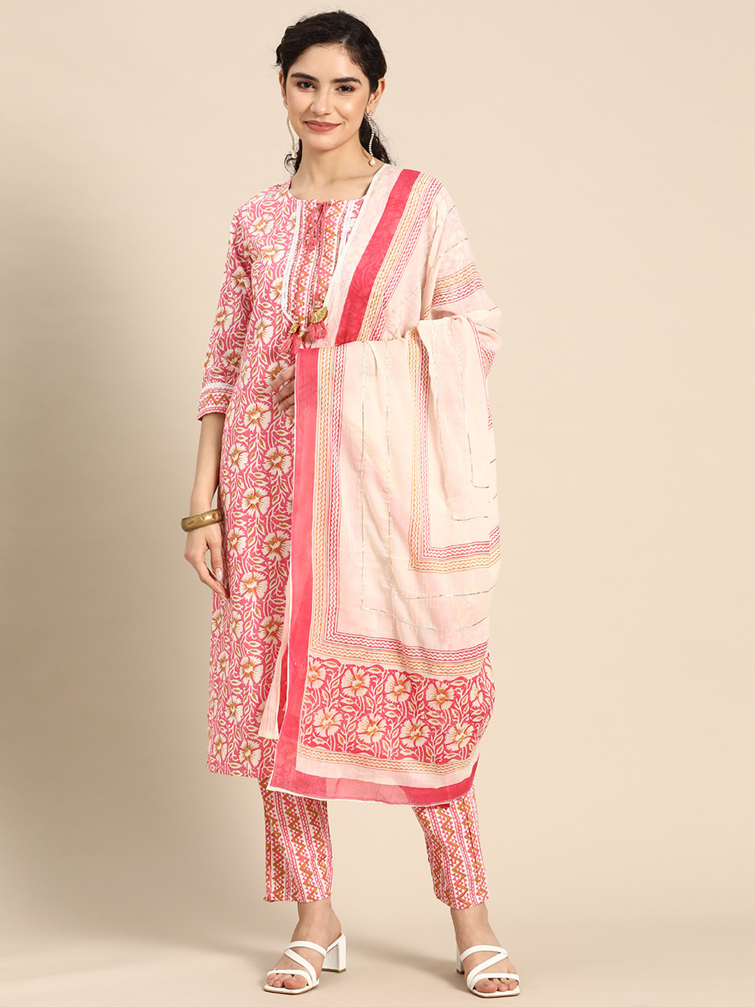 

Prakhya Floral Printed Regular Gotta Patti Pure Cotton Kurta with Palazzos & Dupatta, Pink