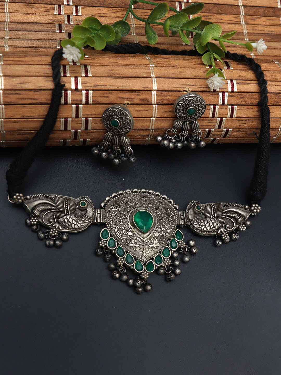 

Ozanoo Silver-Plated Stone-Studded Peacock Jewellery Set, Green