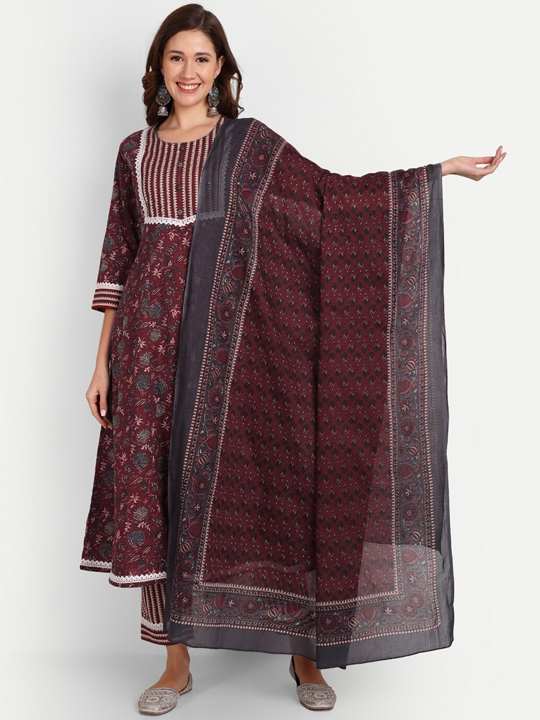 

Mclothings Floral Printed Anarkali Kurta with Trousers & Dupatta, Maroon