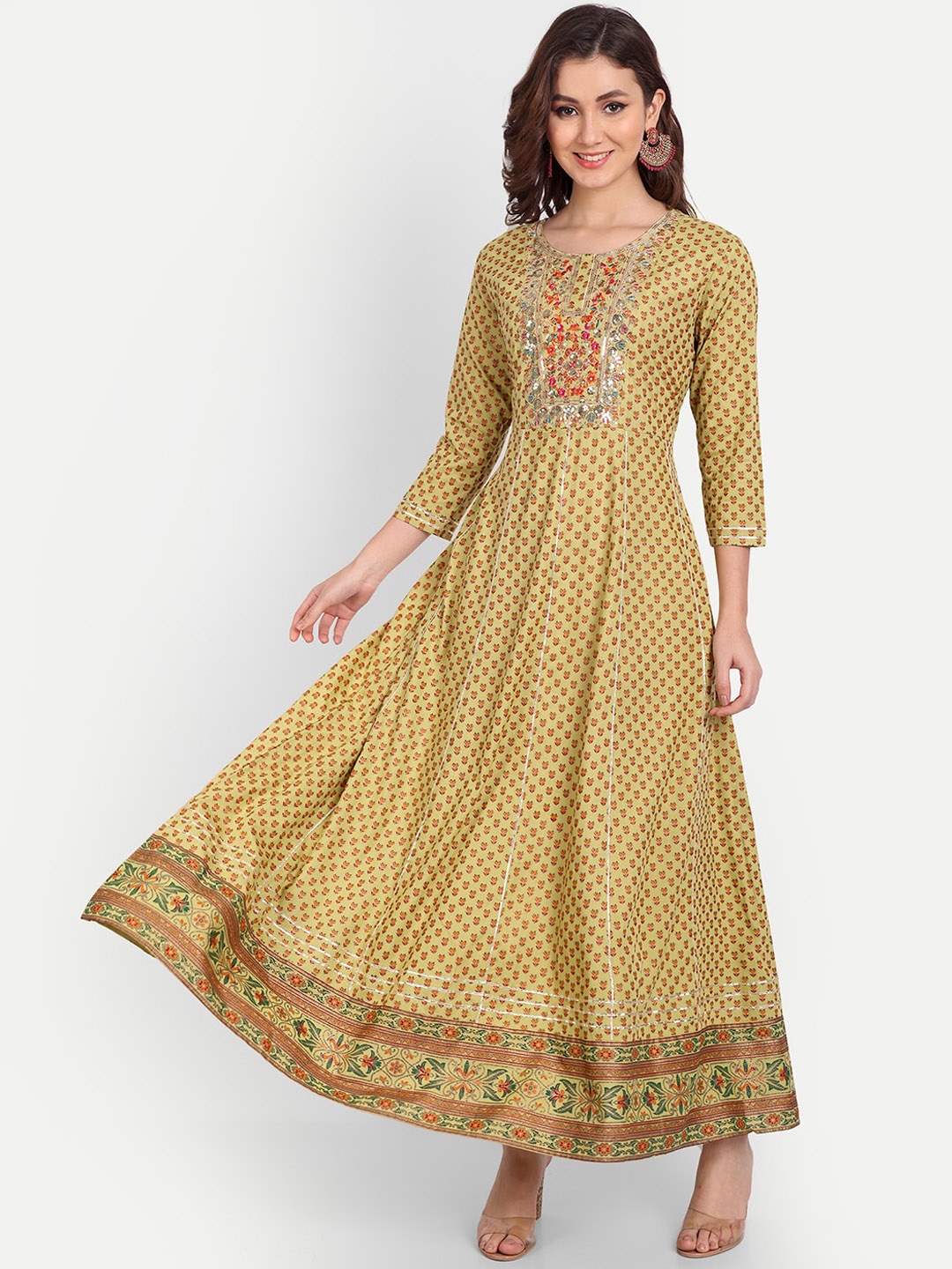 

Mclothings Women Ethnic Motifs Printed Flared Sleeves Anarkali Kurta, Mustard