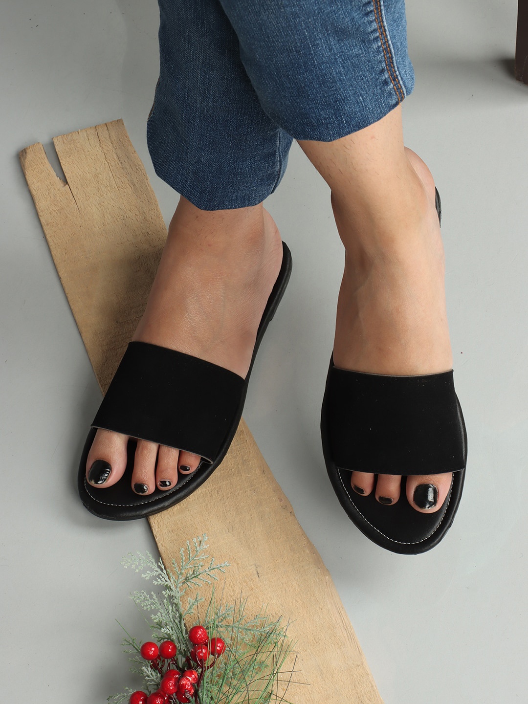 

ADIVER Women Open Toe Slip On Flats, Black