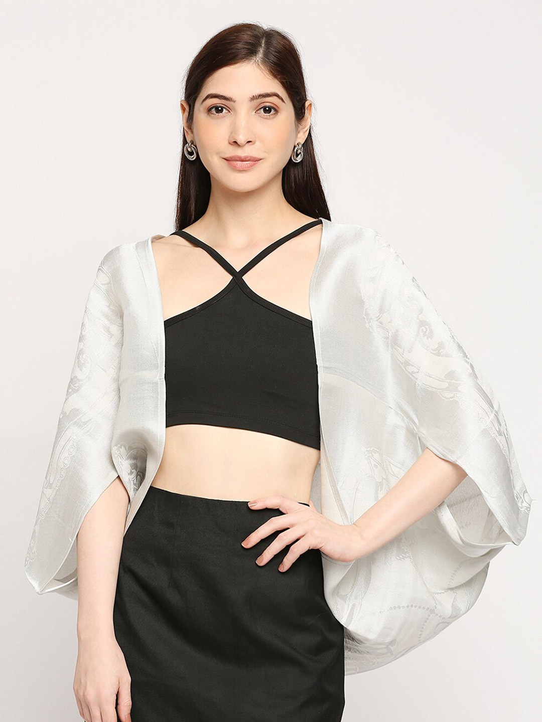 

Cloth Haus India Brocade Weaving Cape Shrug, White