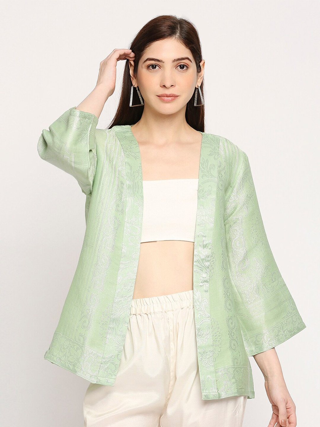 

Cloth Haus India Embroidered Cotton Brocade Cover-Up Open Front Kimono Shrug, Green