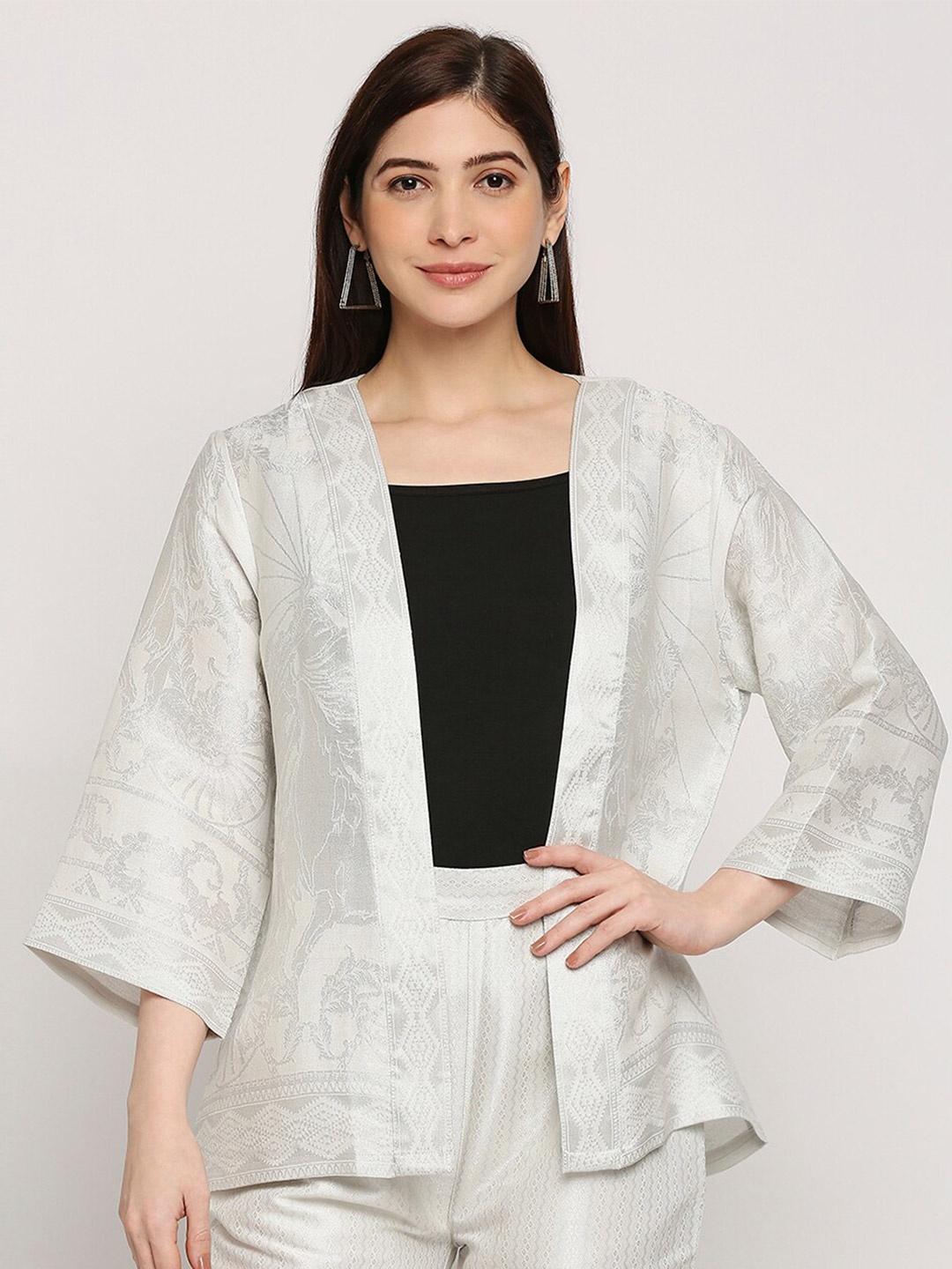 

Cloth Haus India Embroidered Cotton Brocade Cover-Up Open Kimono Shrug, White