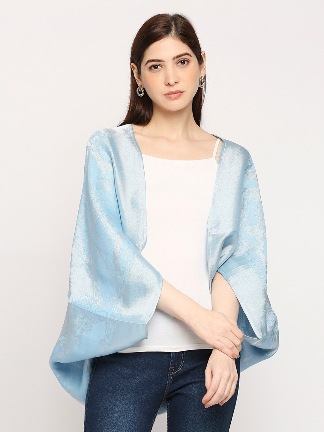Cloth Haus India Brocade Weaving Cape Shrug, Turquoise blue
