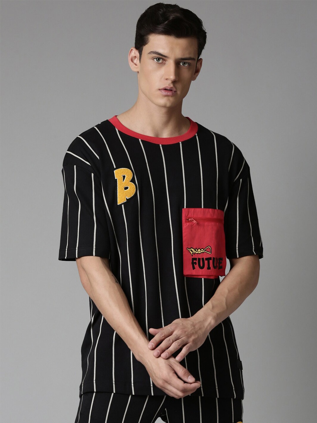 

Breakbounce Oversized Pocket Striped Cotton T-shirt, Black