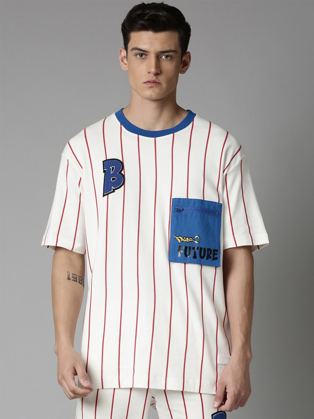 

Breakbounce Oversized Pocket Striped Cotton T-shirt, White