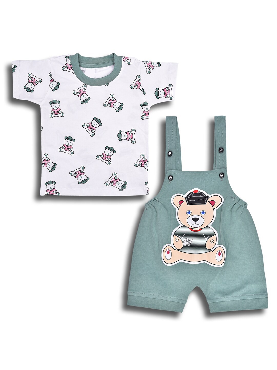 

Wish Karo Boys Printed Cotton T-shirt with Dungarees, Green