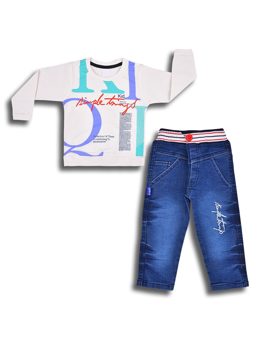 

Wish Karo Boys Printed Round Neck Long Sleeves T-shirt with Jeans Clothing Set, White