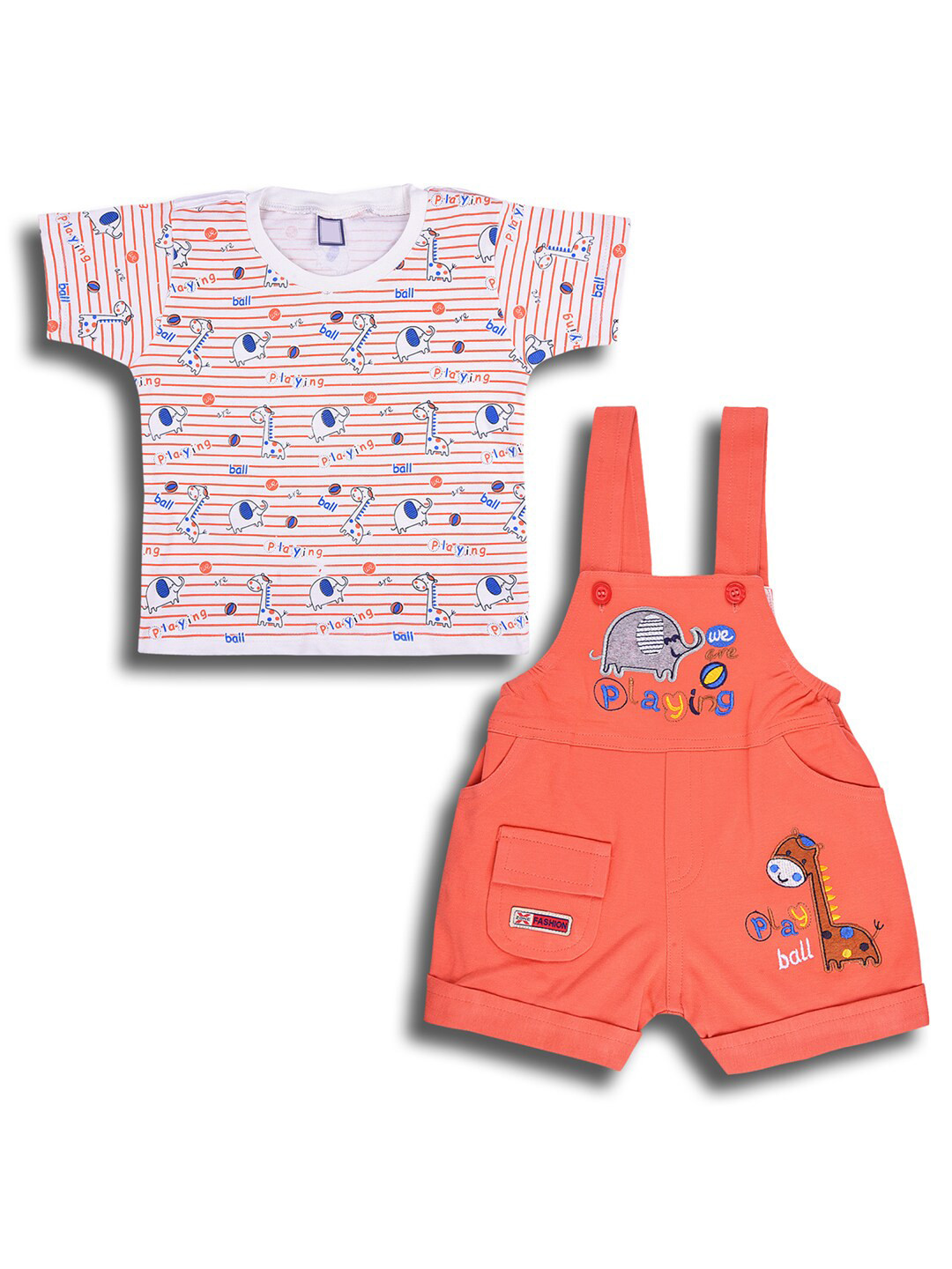 

Wish Karo Boys Printed Cotton T-shirt with Dungarees, Orange