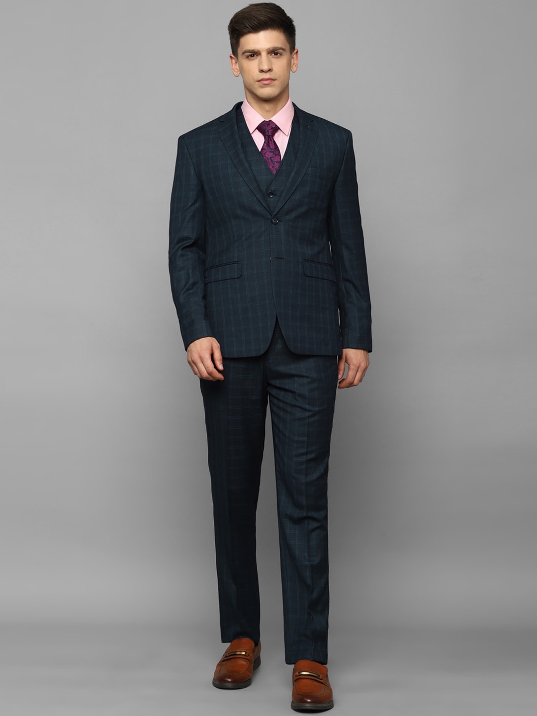 

Louis Philippe Men Checked Slim-Fit Single-Breasted Three-Piece Formal Suit, Green