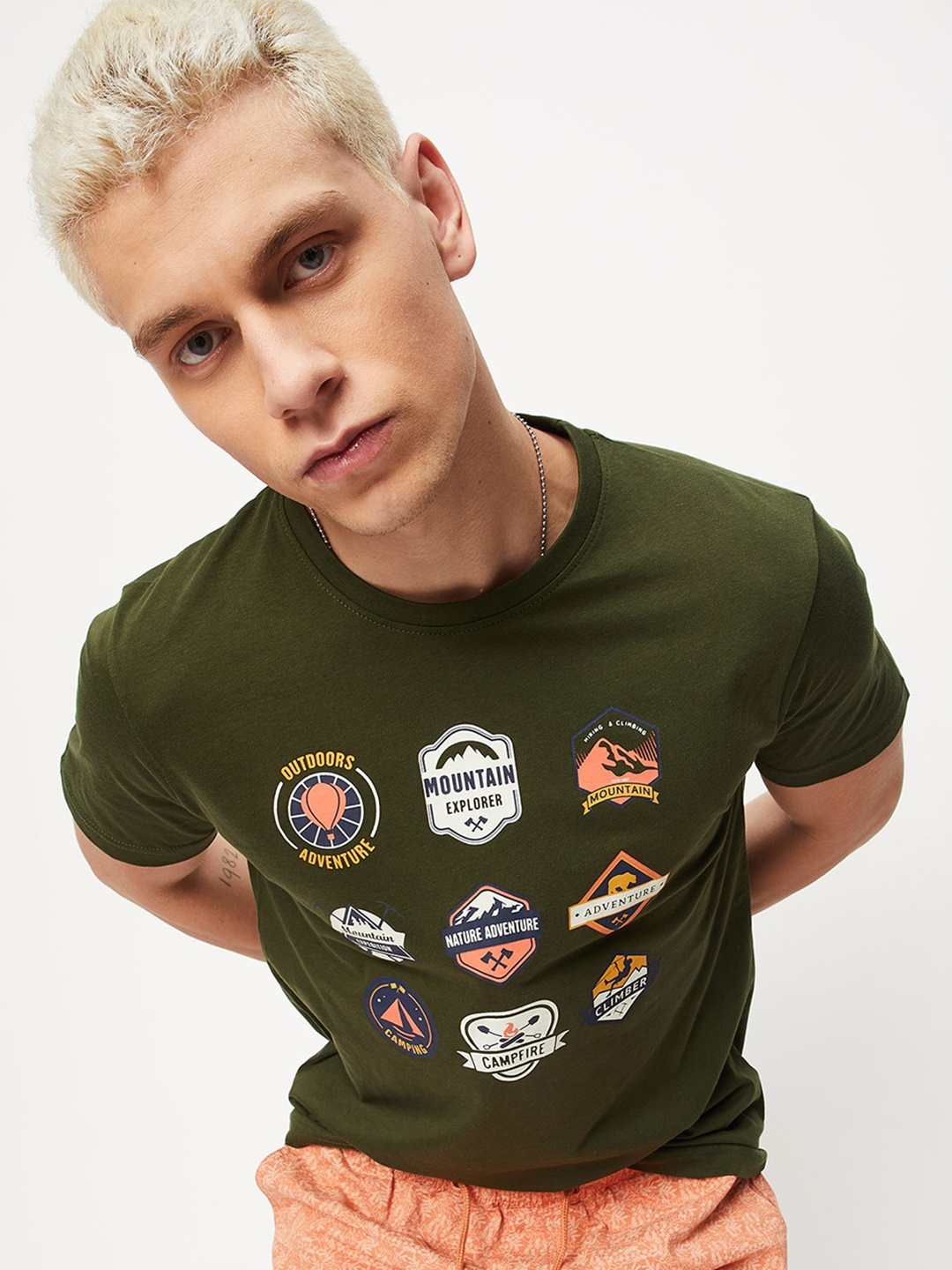 

max Typography Printed Pure Cotton T-shirt, Olive