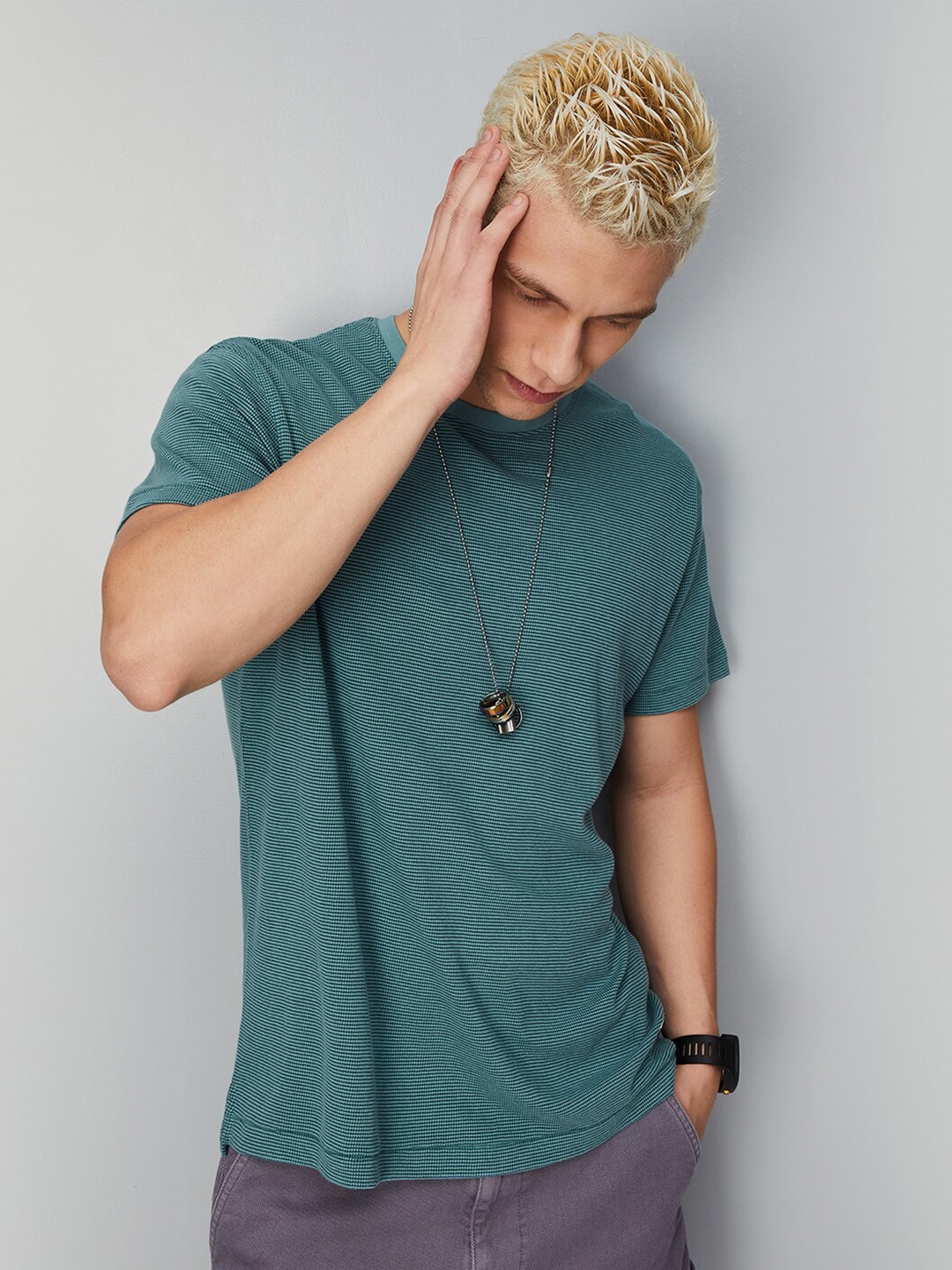 

max Self Design Round Neck T-shirt, Teal
