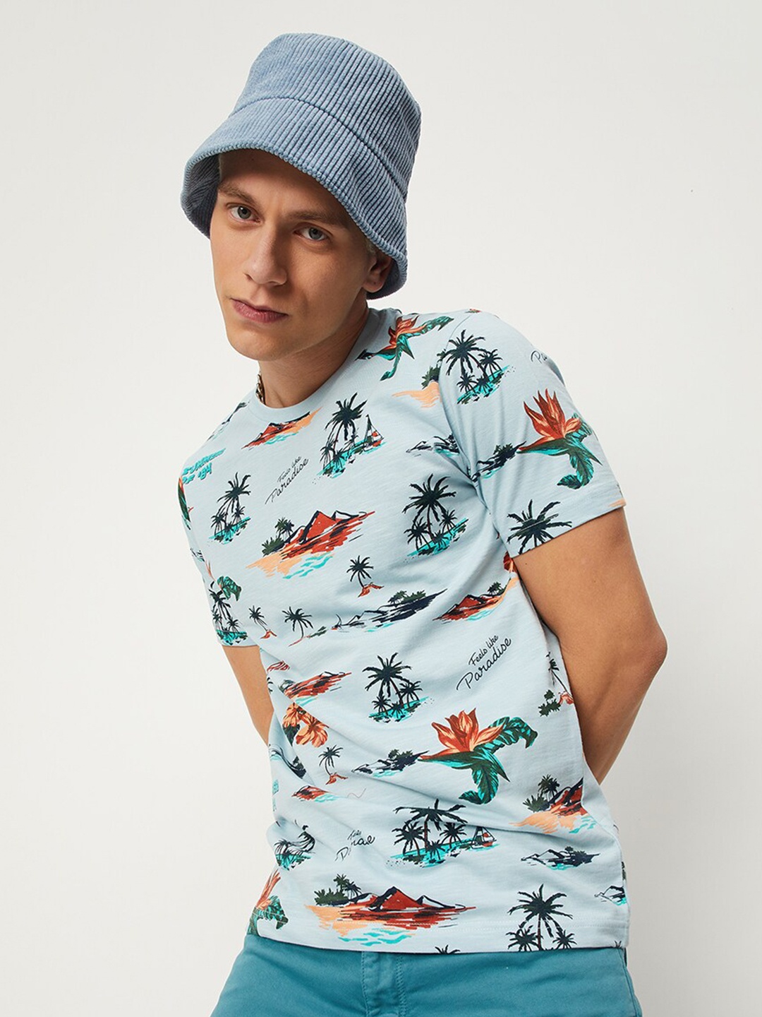 

max Tropical Printed Pure Cotton T-shirt, Blue