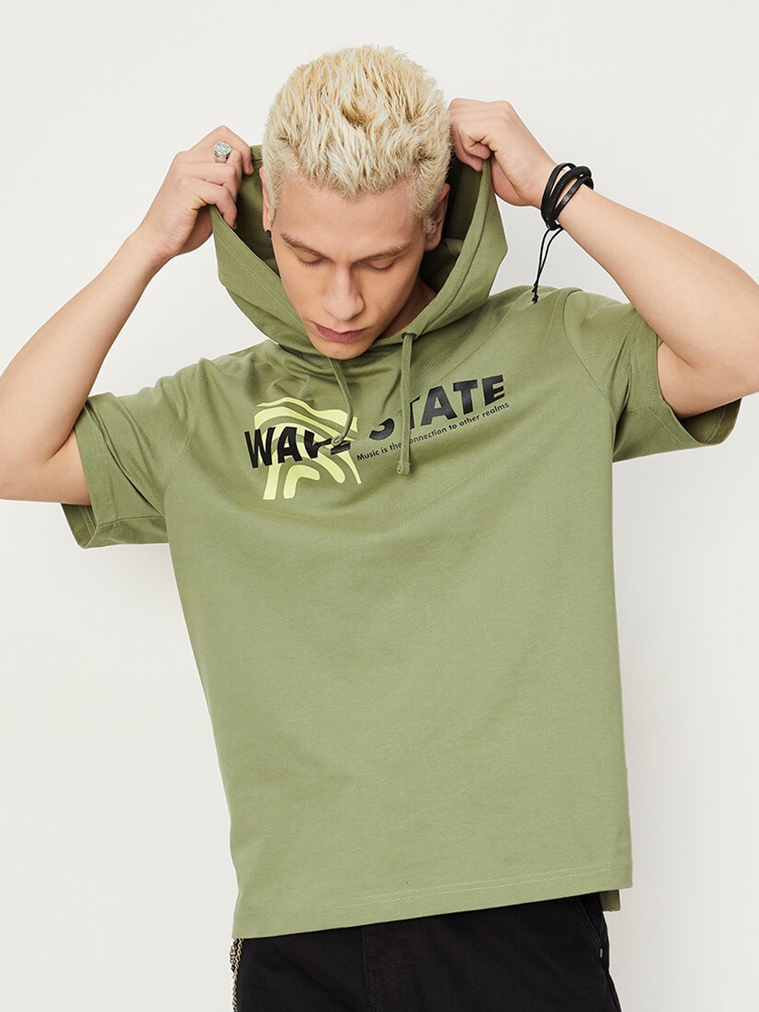

max Typography Printed Hooded Pure Cotton T-shirt, Green
