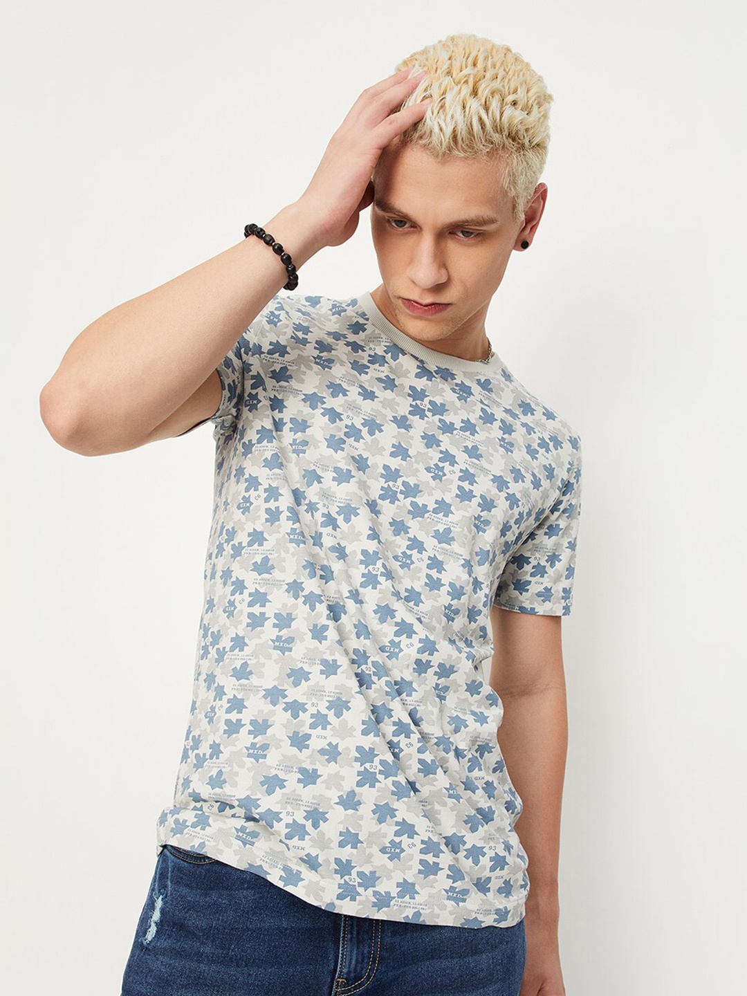 

max Geometric Printed Pure Cotton T-shirt, Blue